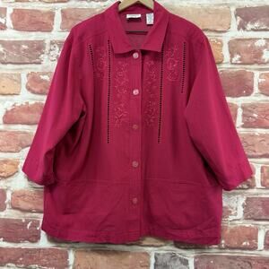 Vintage Cervelle Top Womens 1X Pink Silk Embroidered Floral Vine Button Up Shirt